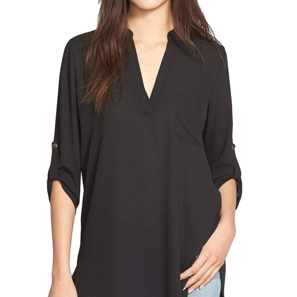 Lush Black 3/4 Sleeve Mandarin Collar Long Length Blouse